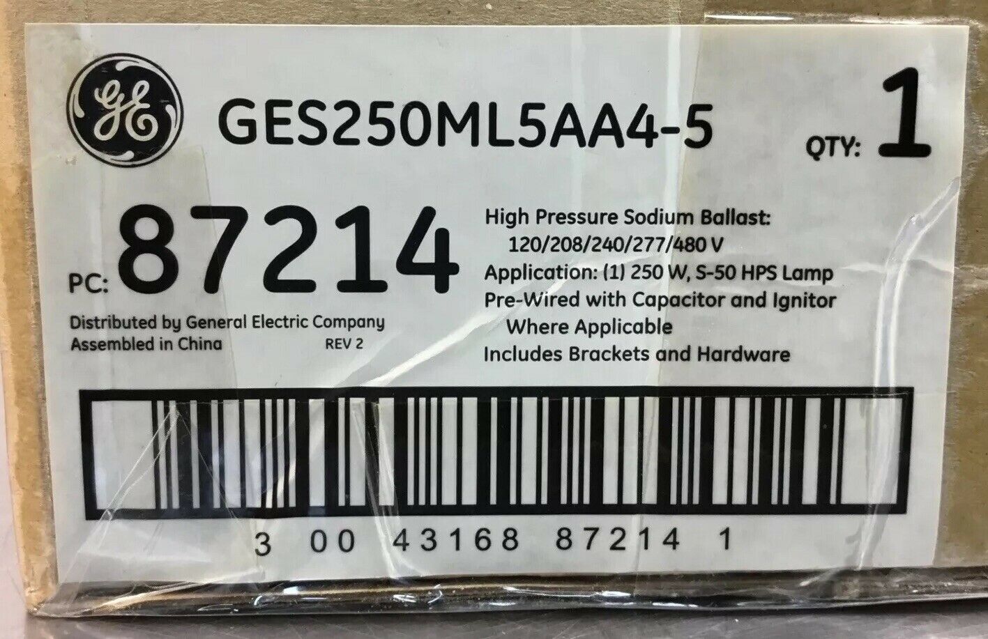 General Electric GES250ML5AA4-5 / 87214 High Sodium Ballast 250W.    4C