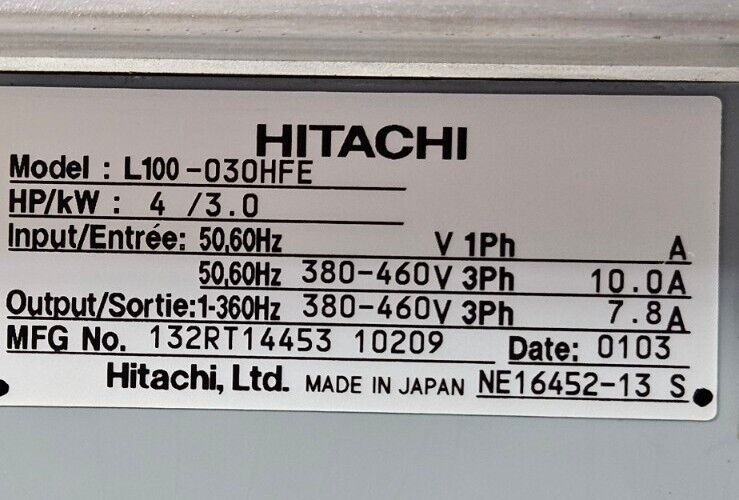 Hitachi L100-030HFE 4HP 3.0KW. INVERTER.                    1E-5