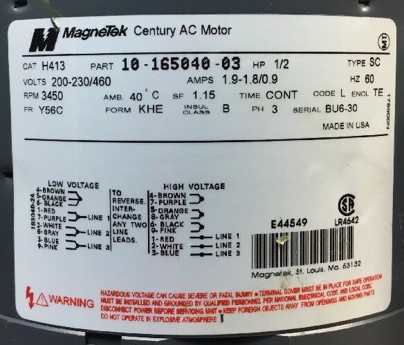 MAGNETEK H413 MOTOR 10-165040-03 200-230/460 V 3450 RPM B56C 1/2 HP