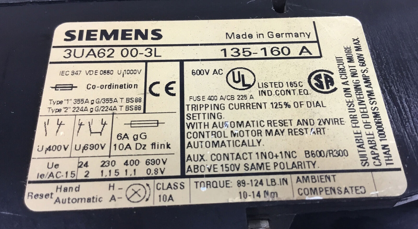 SIEMENS  3UA6200-3L   OVERLOAD RELAY; 135 - 160 AMPS  600VAC 3 Pole    4H