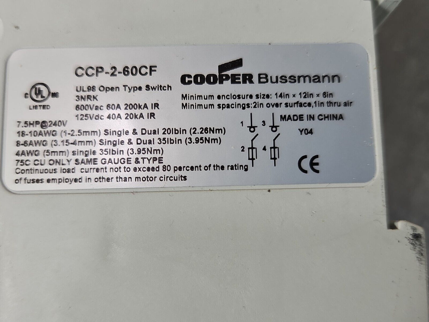 Cooper Bussmann CCP-2-60CF Fuse Block w/Disconnect Switch, 600Vac.      Loc 4A-5