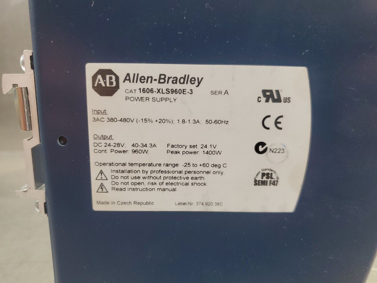 ALLEN BRADLEY 1606-XLS960E-3 Ser. A 24V 40A Power Supply. 4H