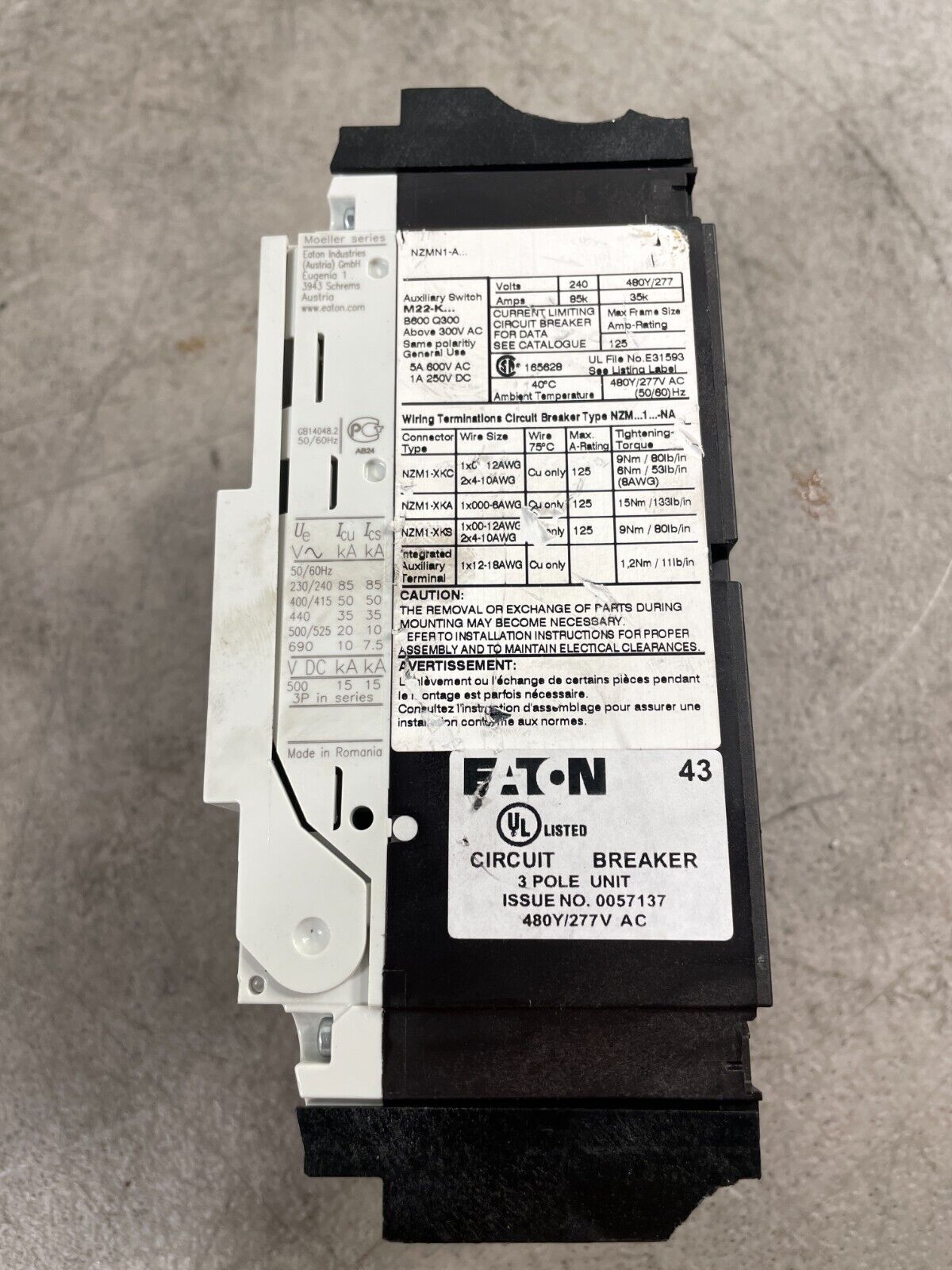 Eaton NZM1 White Triple Pole 480 VAC 50kA Motor Protection Circuit Breaker 2D