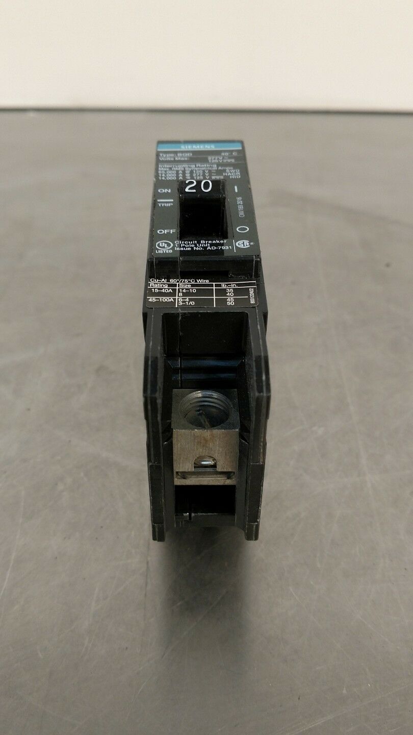 SIEMENS (BQD120) 20A Single Pole 277VAC 250VDC Bolt-On Circuit Breaker 4D