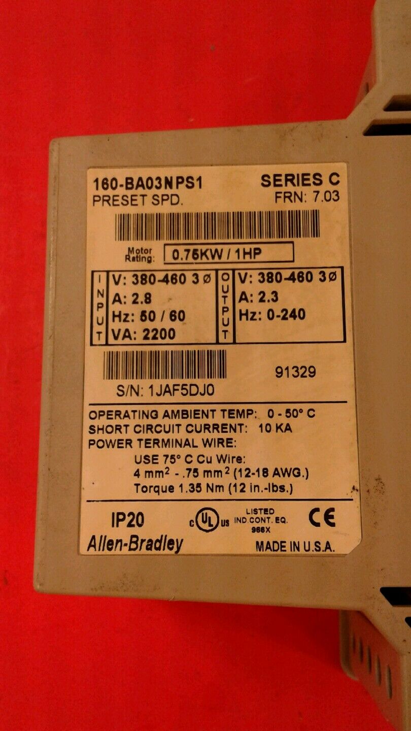 Allen Bradley 160-BA03NPS1, AC Motor Drive Speed Controller 1HP 380-460V  1E