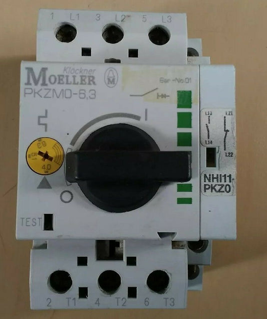 MOELLER PKZMO-6,3 MANUAL MOTOR STARTER PROTECTOR w/ NHI11-PKZ0              3D-1