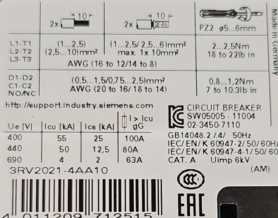 Siemens 3RV2021-4AA10 SIRUS Circuit Breaker.                               4E-26