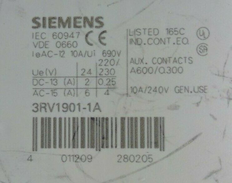 Siemens 3RV1901-1A Auxiliary Contact Switch                                  4D