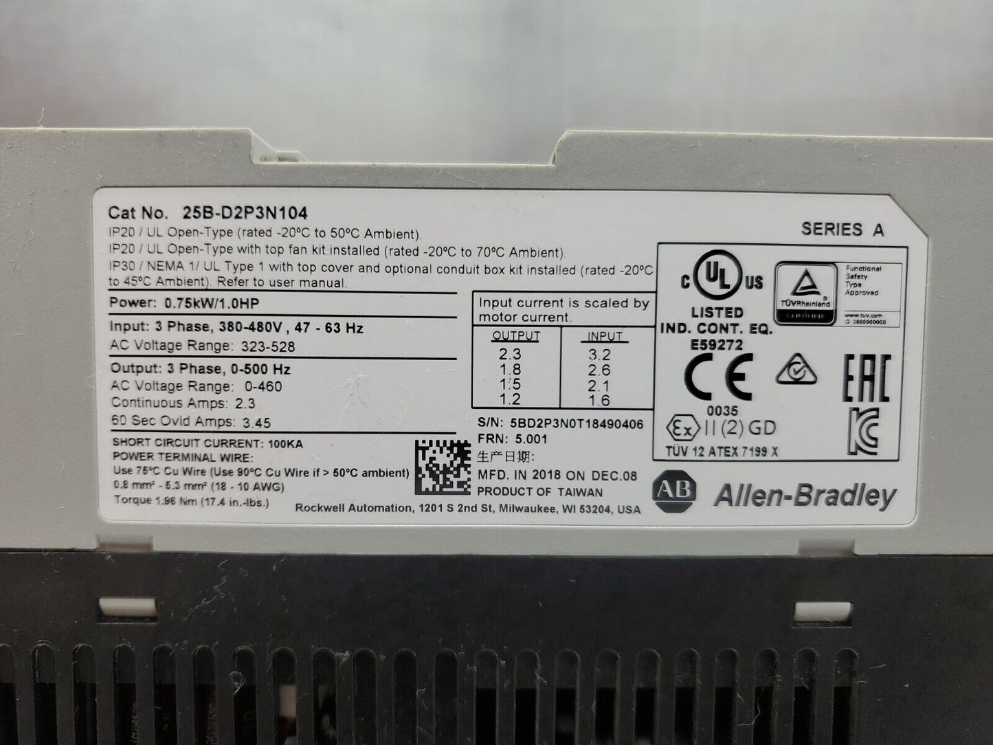 Allen Bradley 25B-D2P3N104/A FRN 5.001 PowerFlex 525 1.0HP AC Drive.          1D