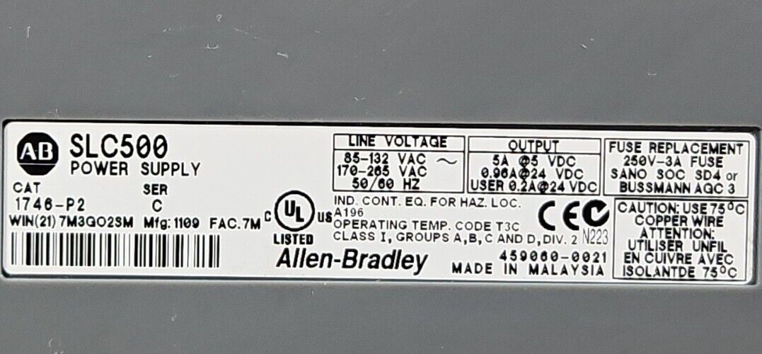 Allen Bradley 1746-A10 Ser A Rack With Power Supply 1746-P2 Ser C.    Loc 3D