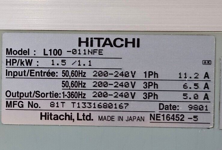 Hitachi L100-011NFE 1 HP 1.5KW. Inverter.                             1B-14