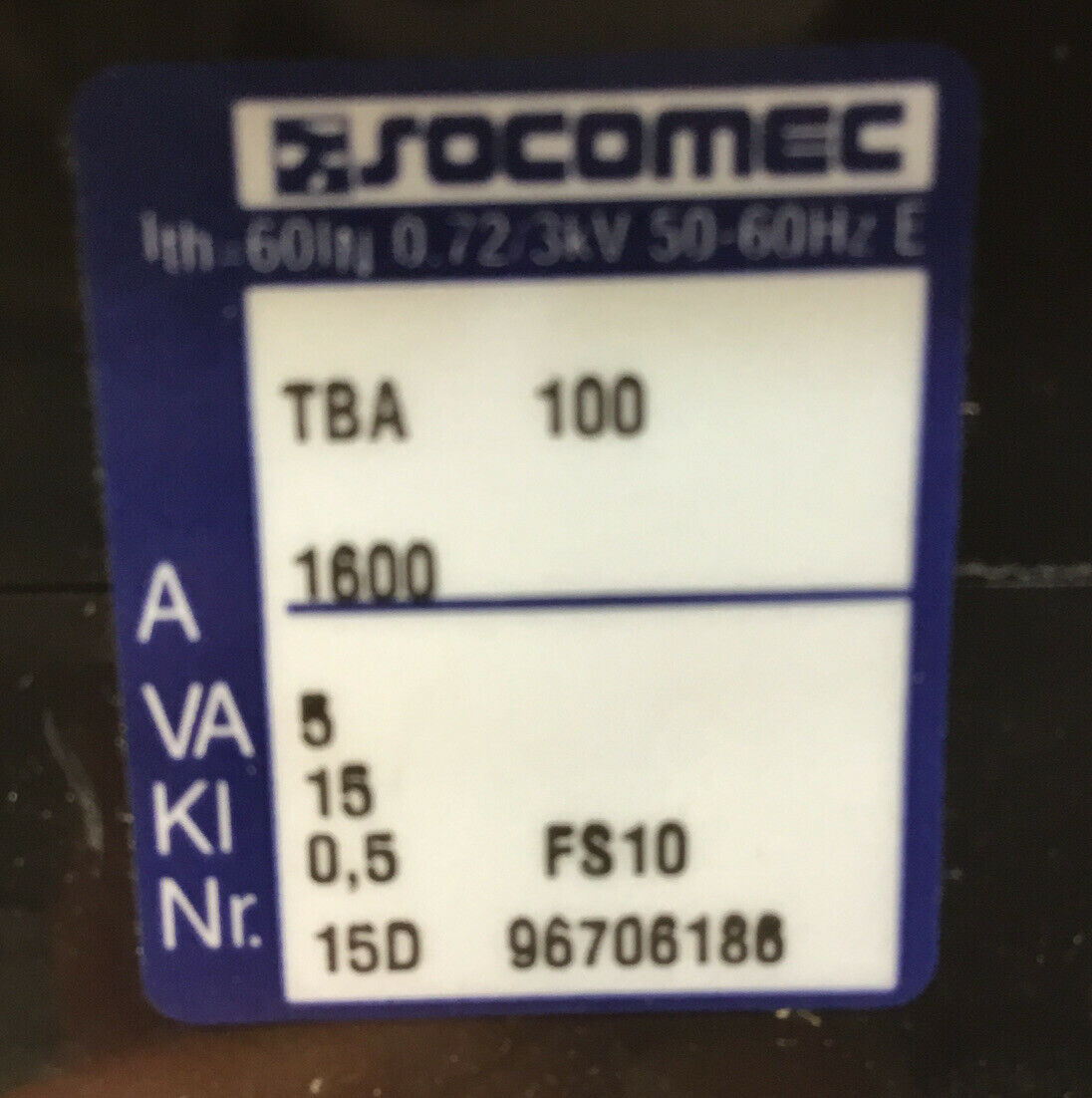 Socomec  TBA 100 1600 Current Transformer    4H