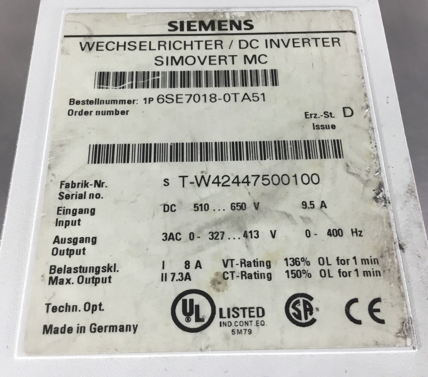 SIEMENS  6SE7018-0TA51  SIMOVERT DC INVERTER 510-650VDC 9.5A       1E