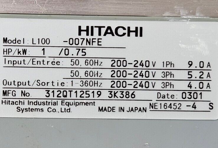 Hitachi L100-007NFE 220V 1HP 0.75KW.  Inverter.                        1B-15