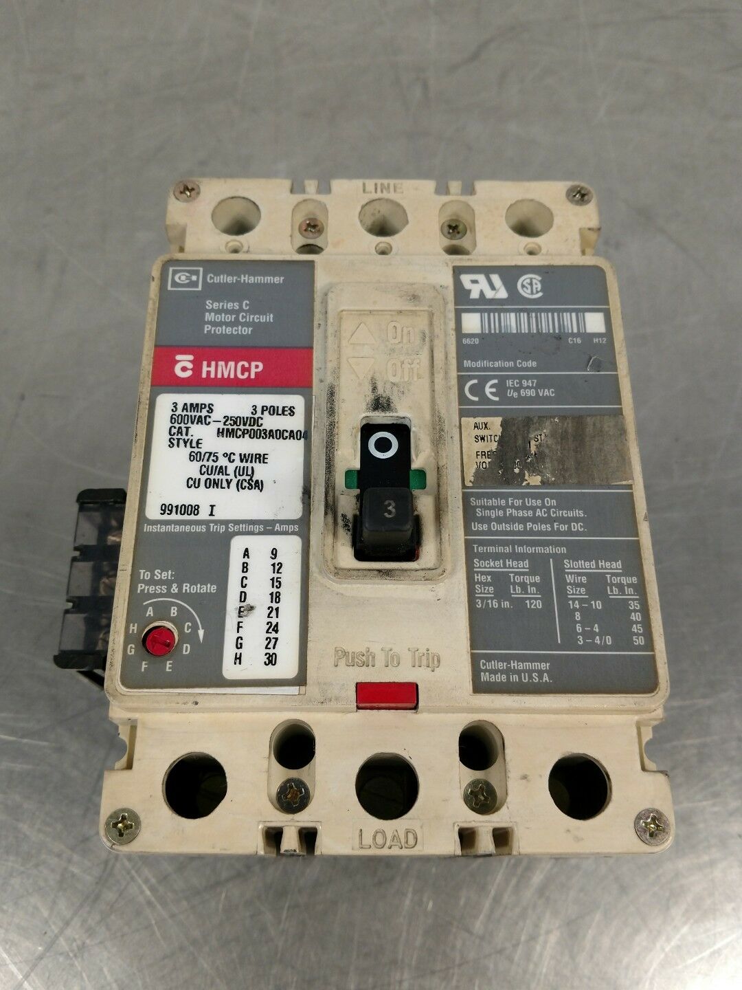 CUTLER HAMMER HMCP003A0CA0 SERIES C 3A 3 POLE MOTOR CIRCUIT PROTECTOR 4D