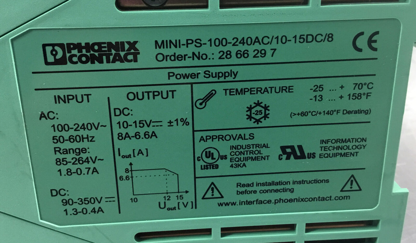 PHOENIX CONTACT  MINI-PS-100-240AC/10-15DC/8  Power Supply 10-15VDC    4E-20