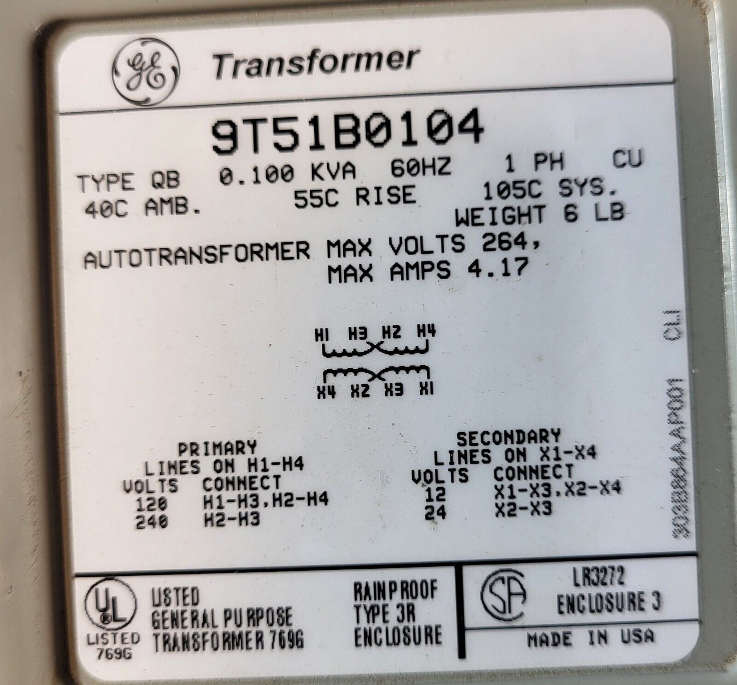 GE 9T51B0104 Buck Boost Transformer 1ph 100va 120/240v-ac 12/24v-ac.     Loc4E35