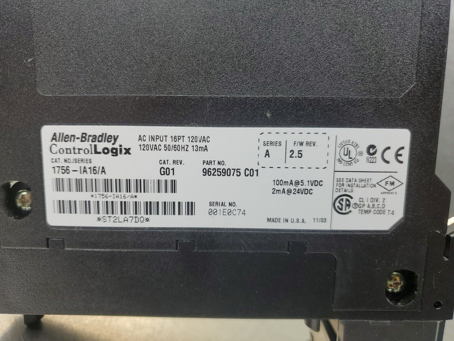 Allen Bradley ControlLogix 1756-IA16I/A F/W Rev. 2.5 AC Input Module.      3C-MS