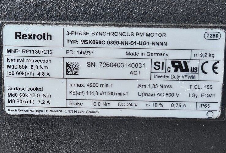 Rexroth MSK060C-0300-NN-S1-UG1-NNNN Servo Motor.                           Loc1F