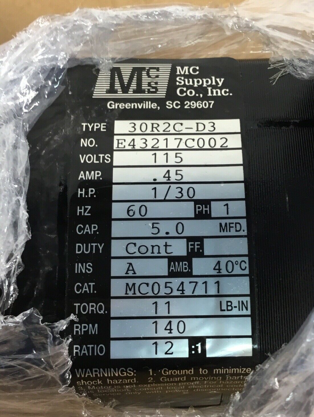 MC Supply Co. Motor Model MC054711  115V    1B