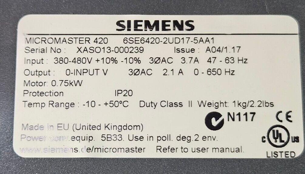 Siemens 6SE6420-2UD17-5AA1 Inverter.     Loc 1D-1