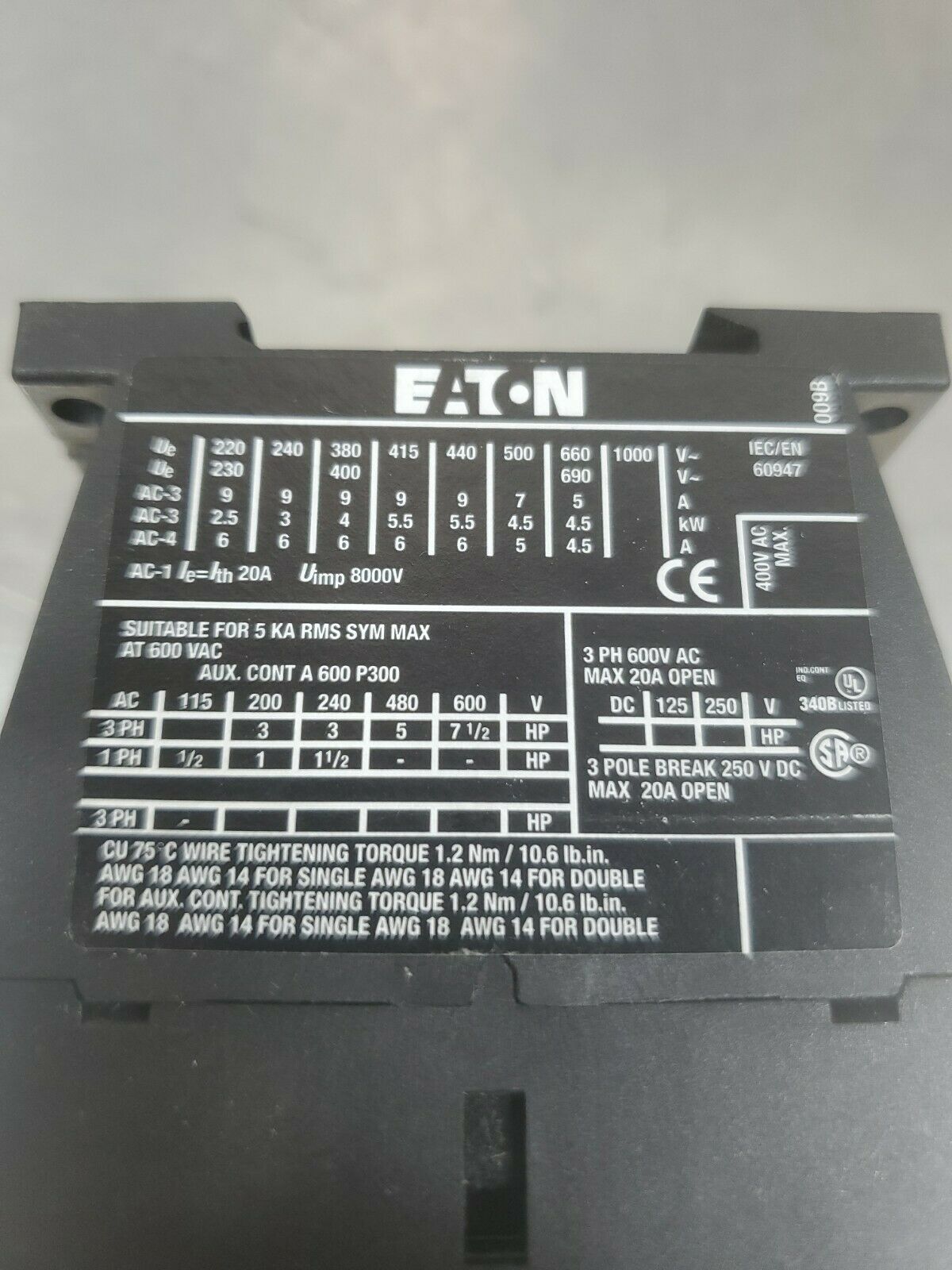 Eaton XTCE009B10 Contactor                                 4H