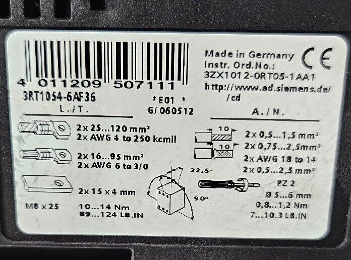 Siemens 3RT1054-6AF36 Non-Reversing Magnetic Contactor.                Loc 4C-30