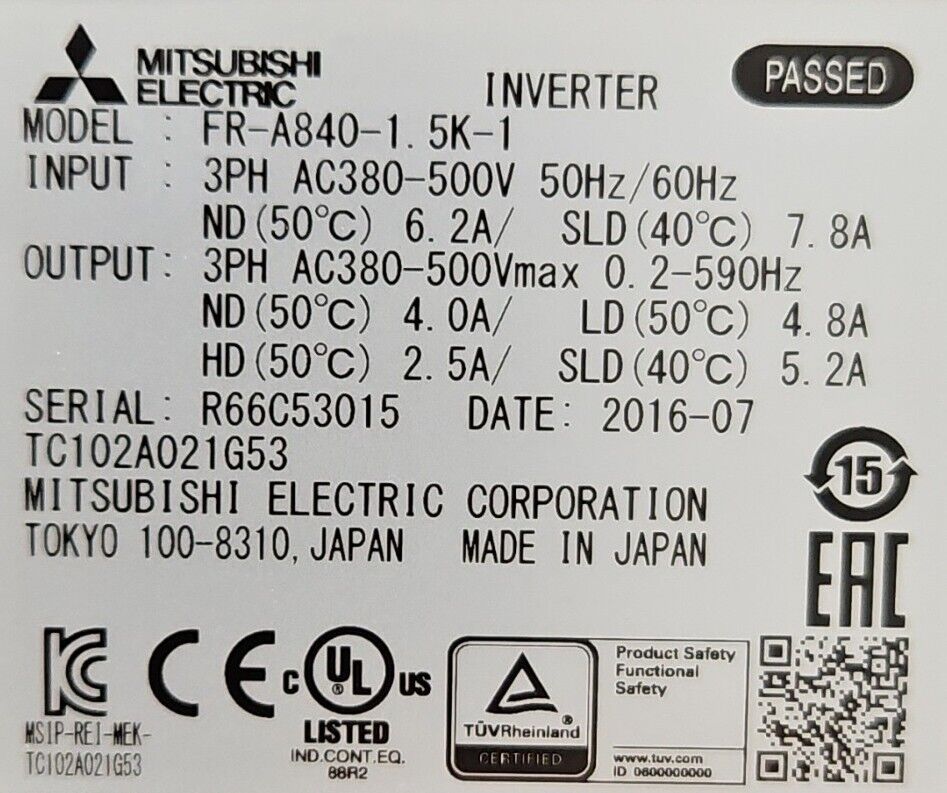 Mitsubishi FR-A840-1. 5K-1 Variable Frequency Drive.                        1B-2