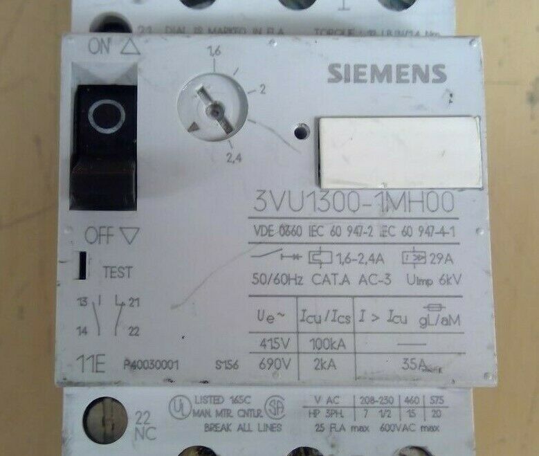 Siemens 3VU1300-1MH00 3 Pole Motor Starter / Protector                        4H