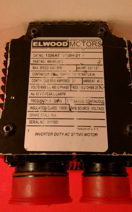 Elwood 1326AS-B330H-21 Inverter AC Servo Motor 999-001-0012 6500 RPM 460V   1E