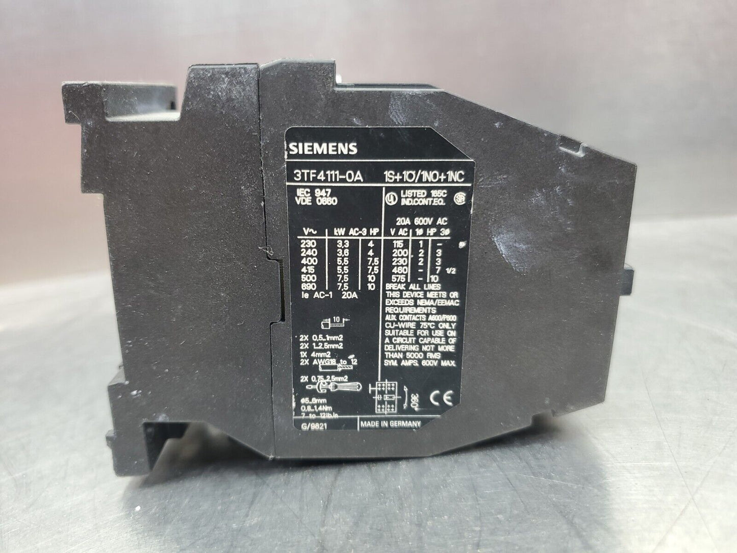 SIEMENS 3TF4111-0A 20A 600V RELAY MODULE                                    4E-8