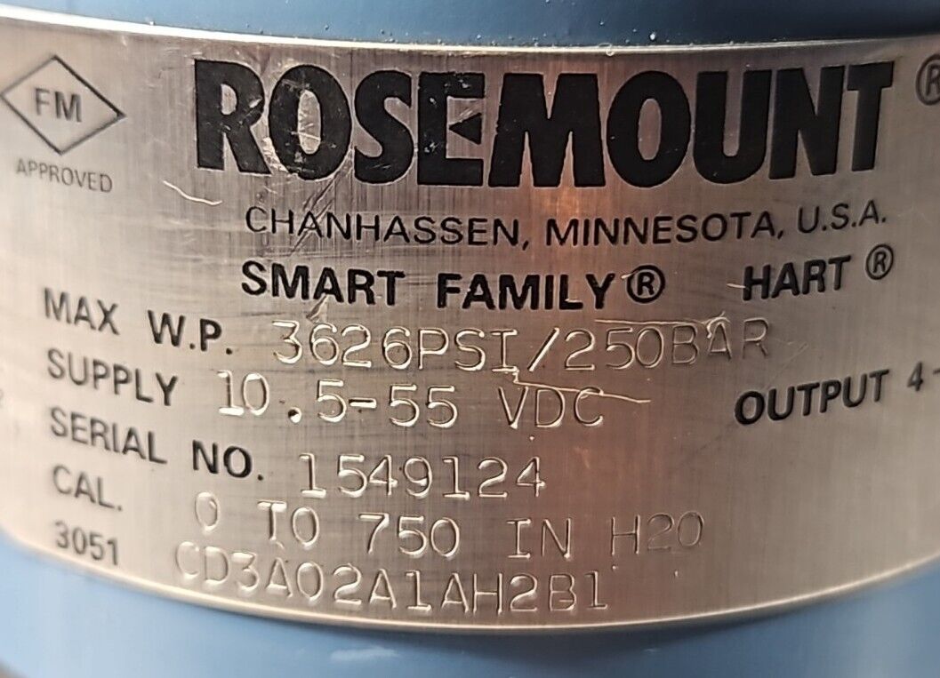 ROSEMOUNT 3626PSI/250BAR PRESSURE TRANSMITTER with 03031-0761-0032.     Loc6D-22